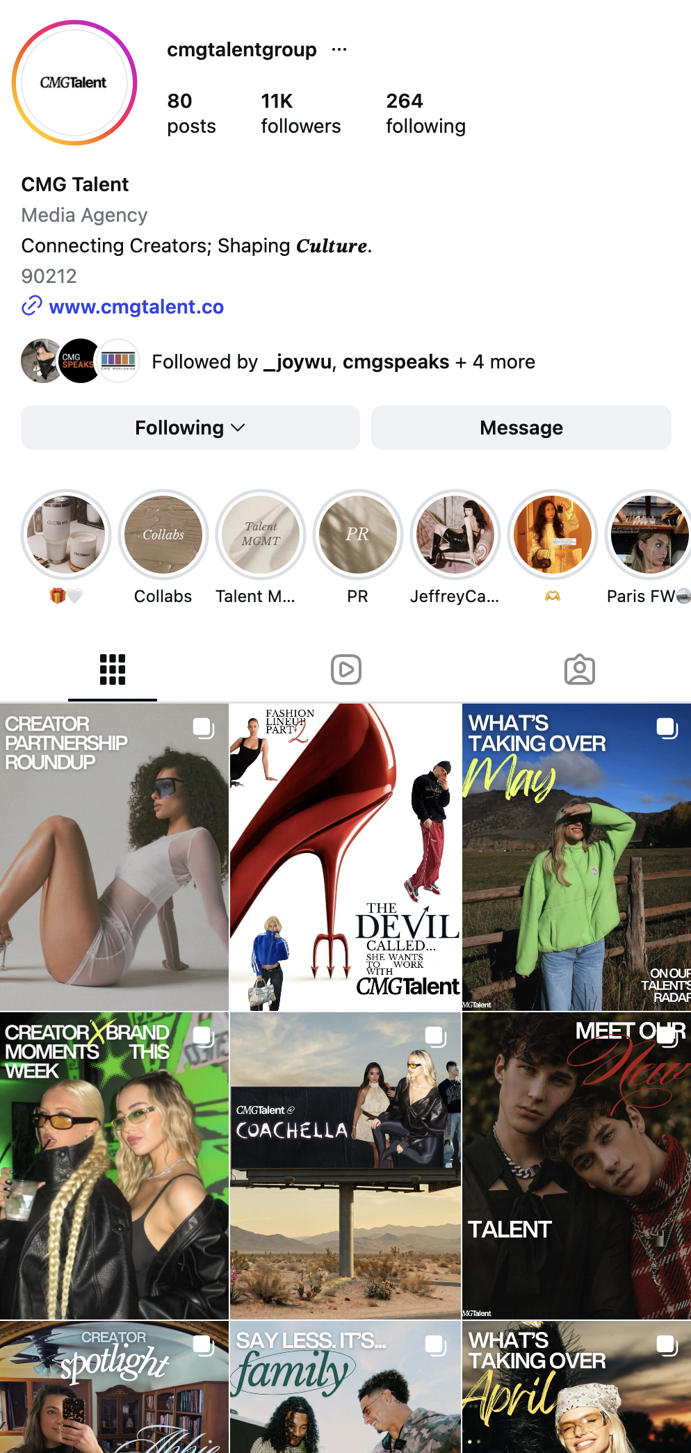CMG Talent Instagram profile